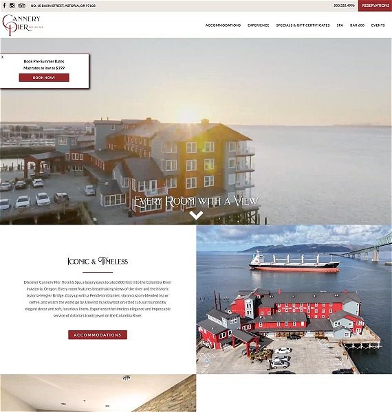 screenshot representing the Cannery Pier Hotel & Spa website in narrow view