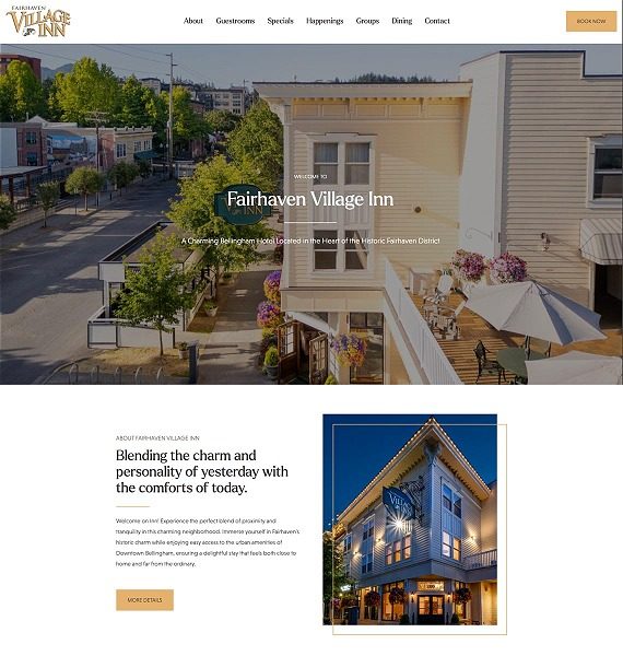 screenshot representing the Fairhaven Village Inn website in narrow view