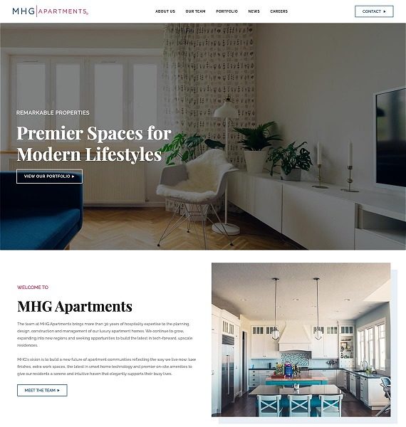 screenshot representing the MHG Apartments website in wide view