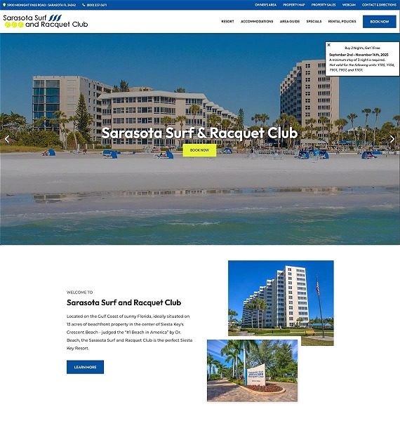 screenshot representing the Sarasota Surf & Racquet Club website in wide view