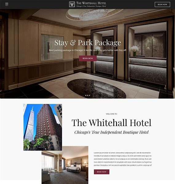 screenshot representing the Whitehall Hotel website in wide view
